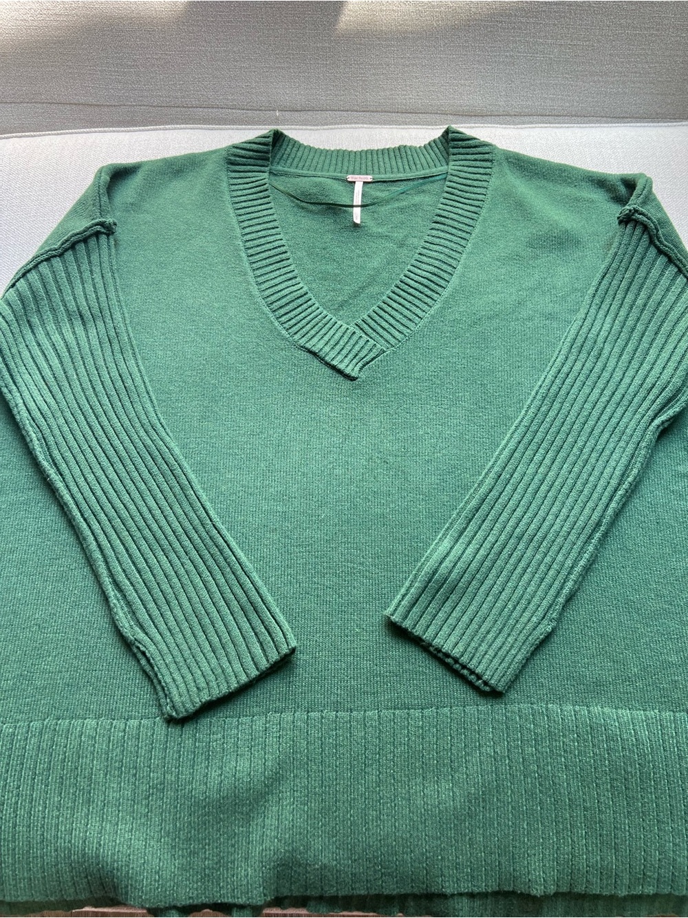 Free People Green V-Neck Ribbed Sleeve Sweater